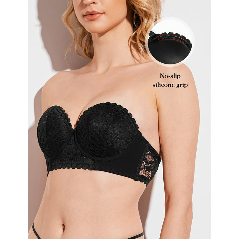 Deyllo Women's Push Up Strapless Bra Lace Underwire Full Coverage Multiway  Invisible Bras,Black 36D 