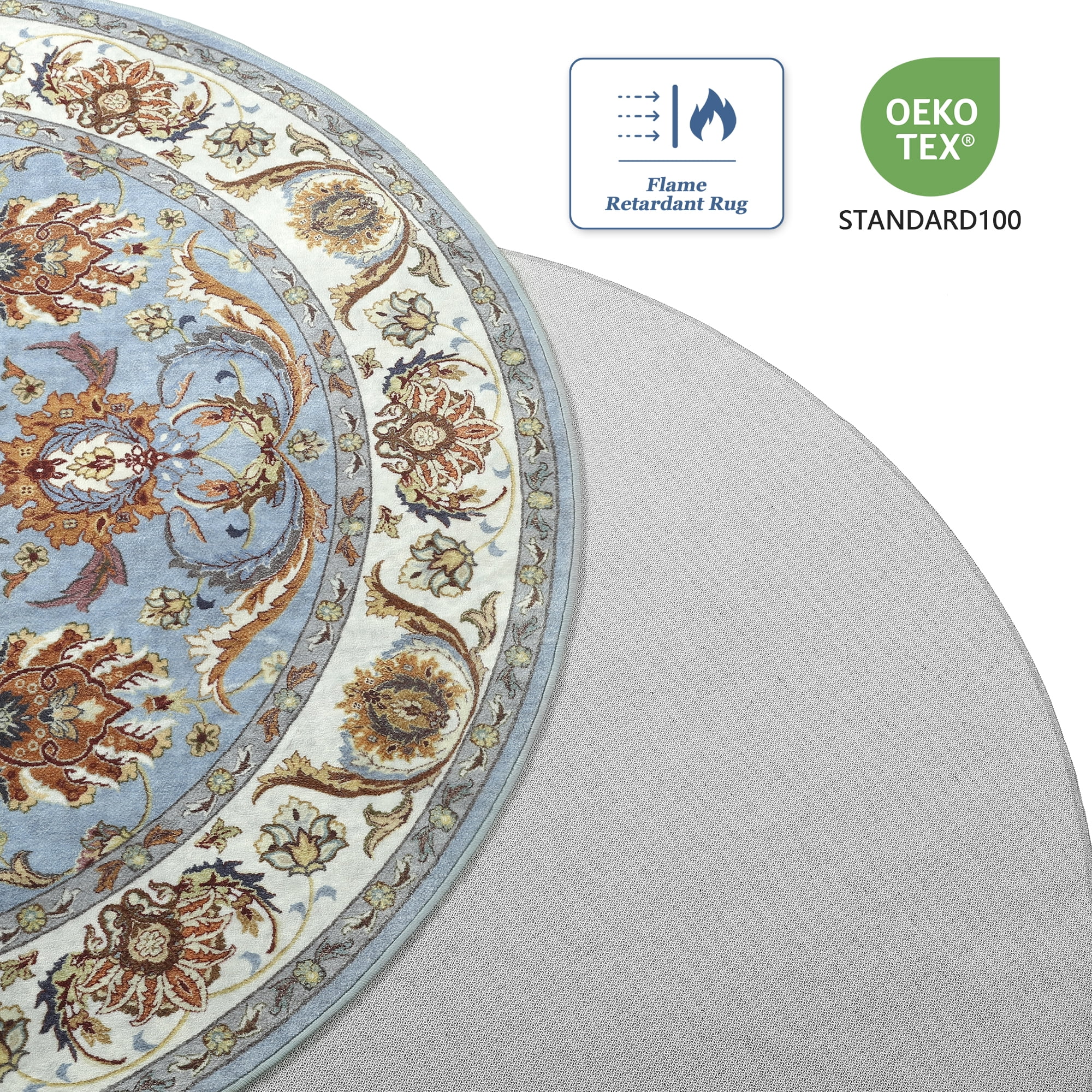 Cydiria Blue Round Persian Medallion Area Rug Floral Pattern Print Low-Pile Carpet for Living Room, 6' x 6'
