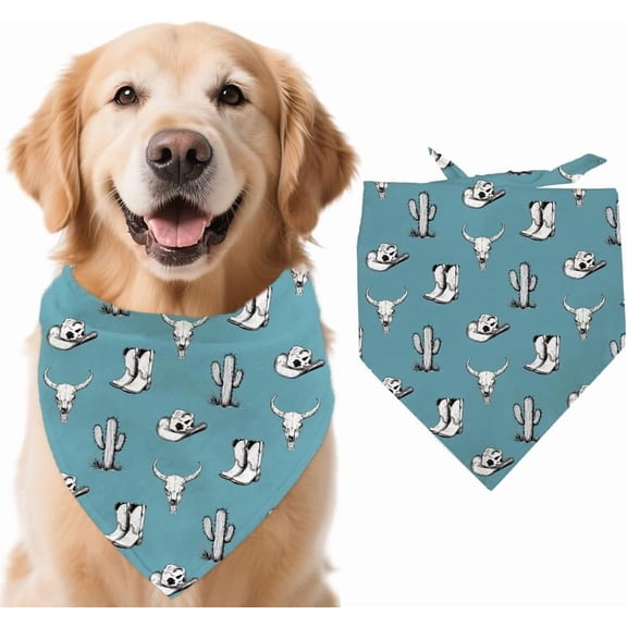1 Pc Dog Bandana 78x38cm Western Cowboy Cow Skull Cactus Boots Triangle Adjustable Comfortable Pet Bibs Washable Cotton Scarf Kerchief for Large Dog