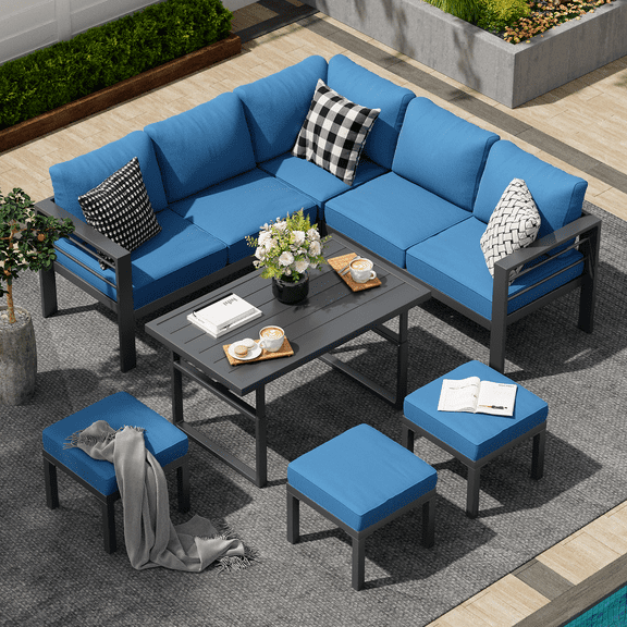 YODOLLA 6 Piece Aluminum Outdoor Patio Dining Set, Gray/Blue