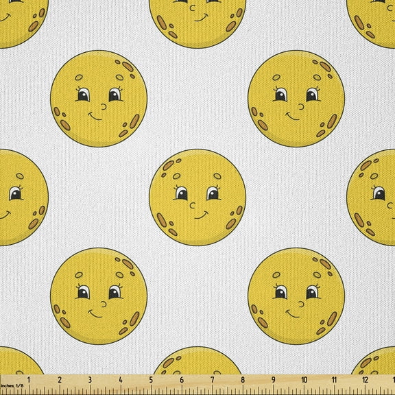 Ambesonne Moon Fabric by the Yard Microfiber, Smiling Circular Faces Art, 3 Yards, Earth Yellow White Orange
