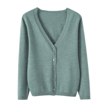Baberdicy on Clearance under $15 Women's Spring And Autumn Leisure Loose Solid Long Sleeve V Neck Button Knitted Soft Cardigan Coat Mint Green Xxl