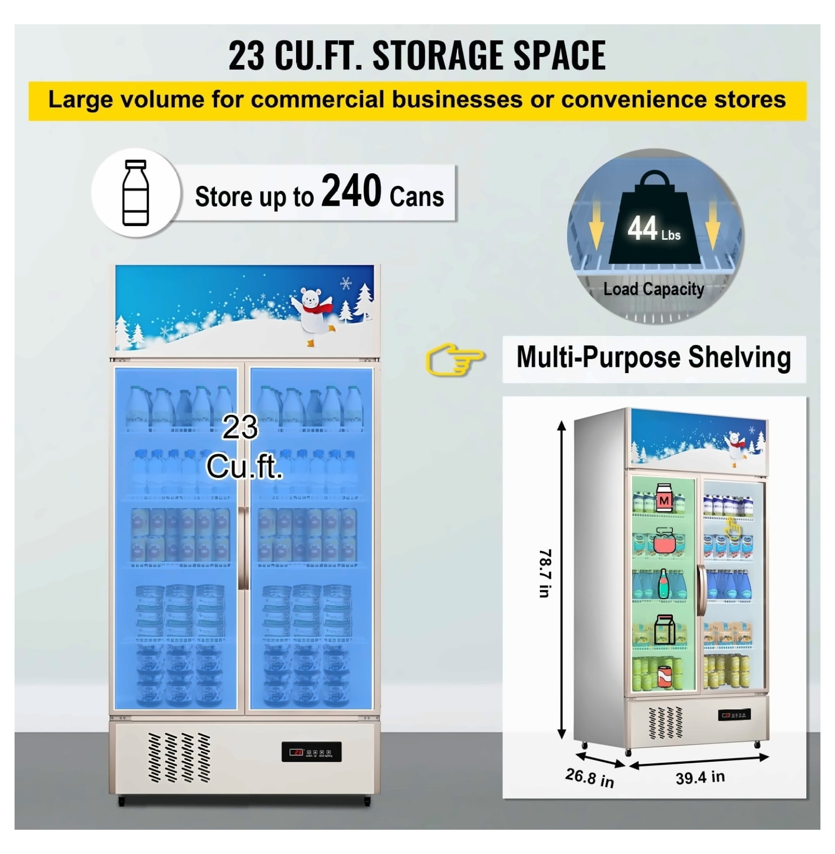 Commercial Refrigerator 23 cu.ft. Glass Door Display Fridge, Beverage Cooler for Store, Home, Office, Gym - LED Lit, Double Swing Door