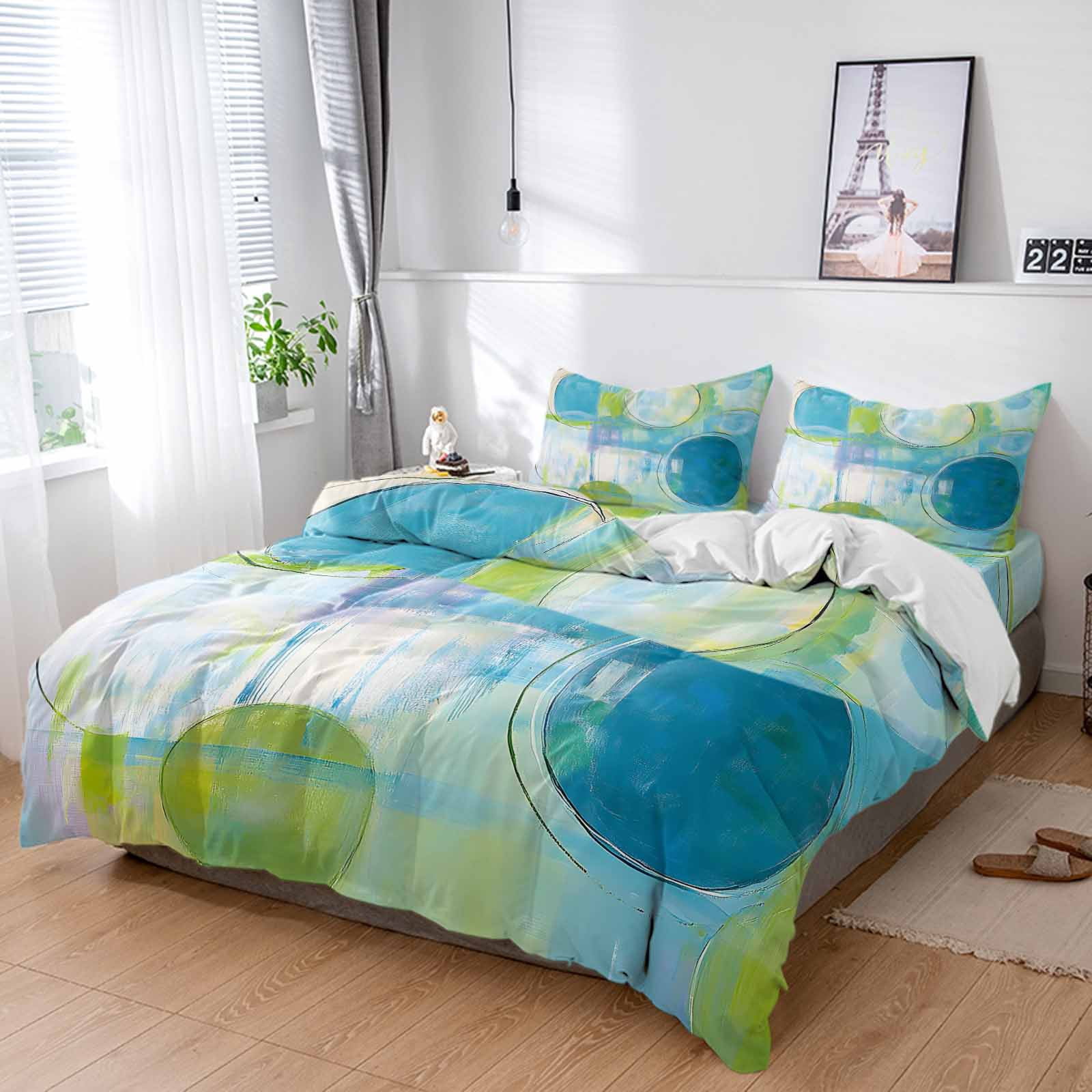 Queen 4 Piece Bedding Set Blue Gradient Color Block Soft Breathable Duvet Cover and Pillowcase, Watercolor Painting Graffiti Art Duvet Cover Set Bed Sheets for Bedroom Dormitory Guest Room