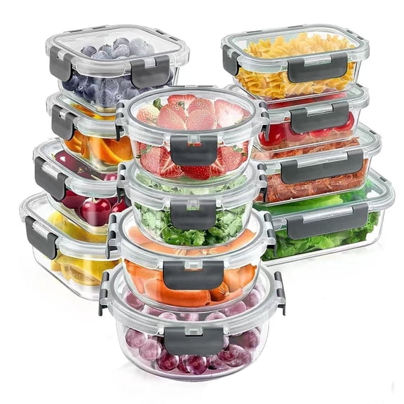 24pcs Glass Food Storage Containers with Lids Set, Glass Meal Prep Containers with Leak Proof Snap Lock Lids, Airtight Bento lunch Boxes
