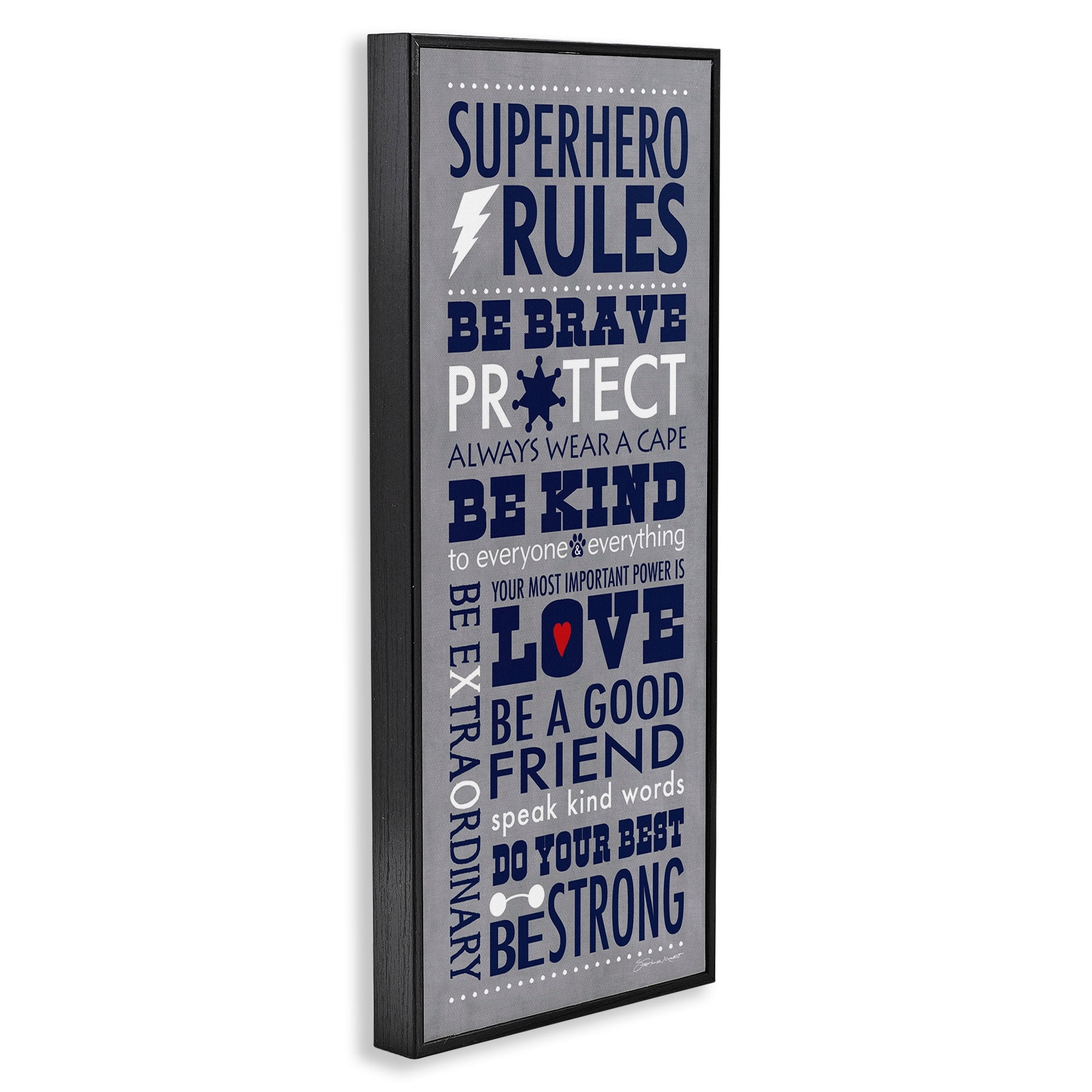 Stupell Industries Grey and Navy Superhero Rules Typography, 10 x 24,Design by Stephanie Workman Marrott