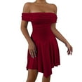 thumbnail image 2 of Women'S Off the Shoulder Mini Dress Ruffle Hem Ruched Corset Short Cocktail Party Dresses Wine Red XS, 2 of 10