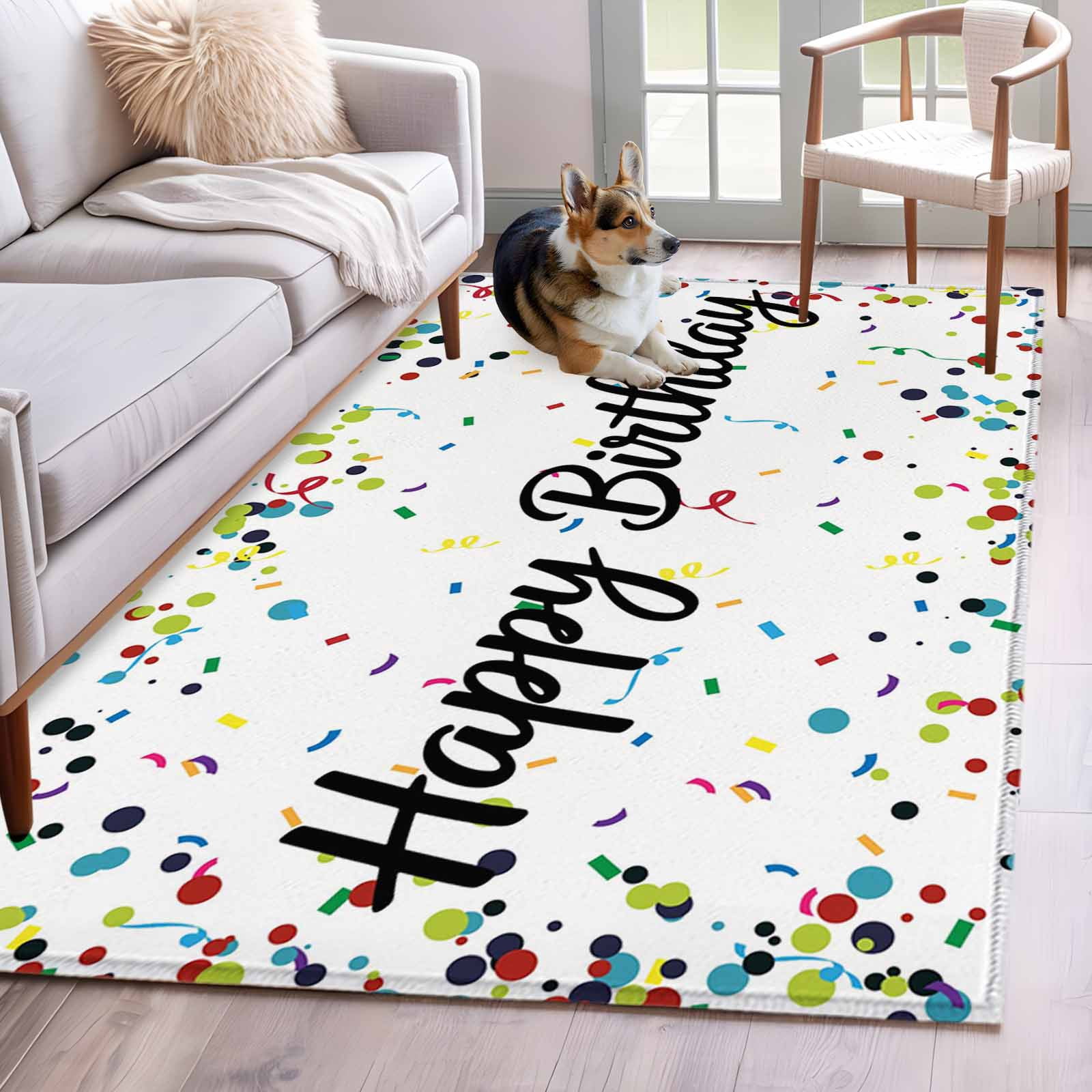 White Birthday Large Area Rugs for Bedroom Living Room, Non Slip Carpet Bedside Rug, Colorful Confetti Ribbons Polka Dots Classroom Rectangular Floor Cover Kitchen Accent Rug 3'x5' for Office