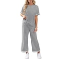 thumbnail image 5 of GIPQJK 2pcs Women Lounge Set Short Sleeve Crew Neck Casual Clothing Drawstring Striped Wide Legs Trousers Summer Solid Color Loungewear,Light Gray L, 5 of 6
