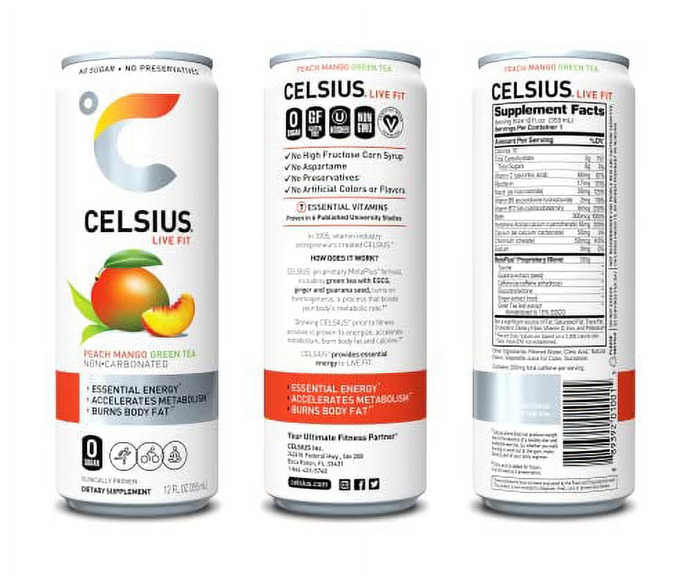 CELSIUS® Fizz Free Peach Mango Green Tea, Sugar Free Energy Drink, 12 Fl Oz (Pack of 4)