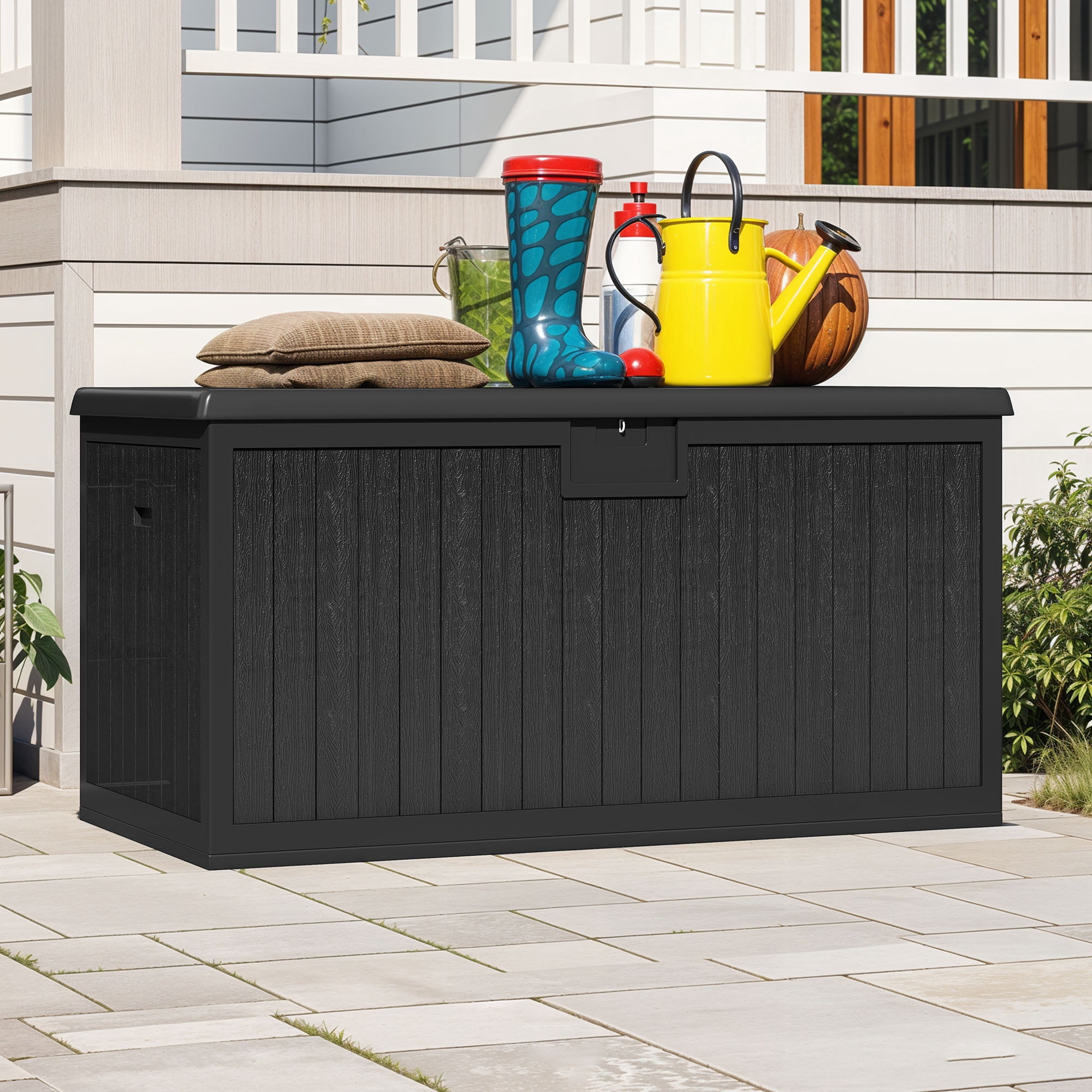 Uforic XXL 230 Gallon Large Deck Box, Outdoor Storage for Patio Cushions, Garden Tools, Flexible Divider, Waterproof, Lockable, Black