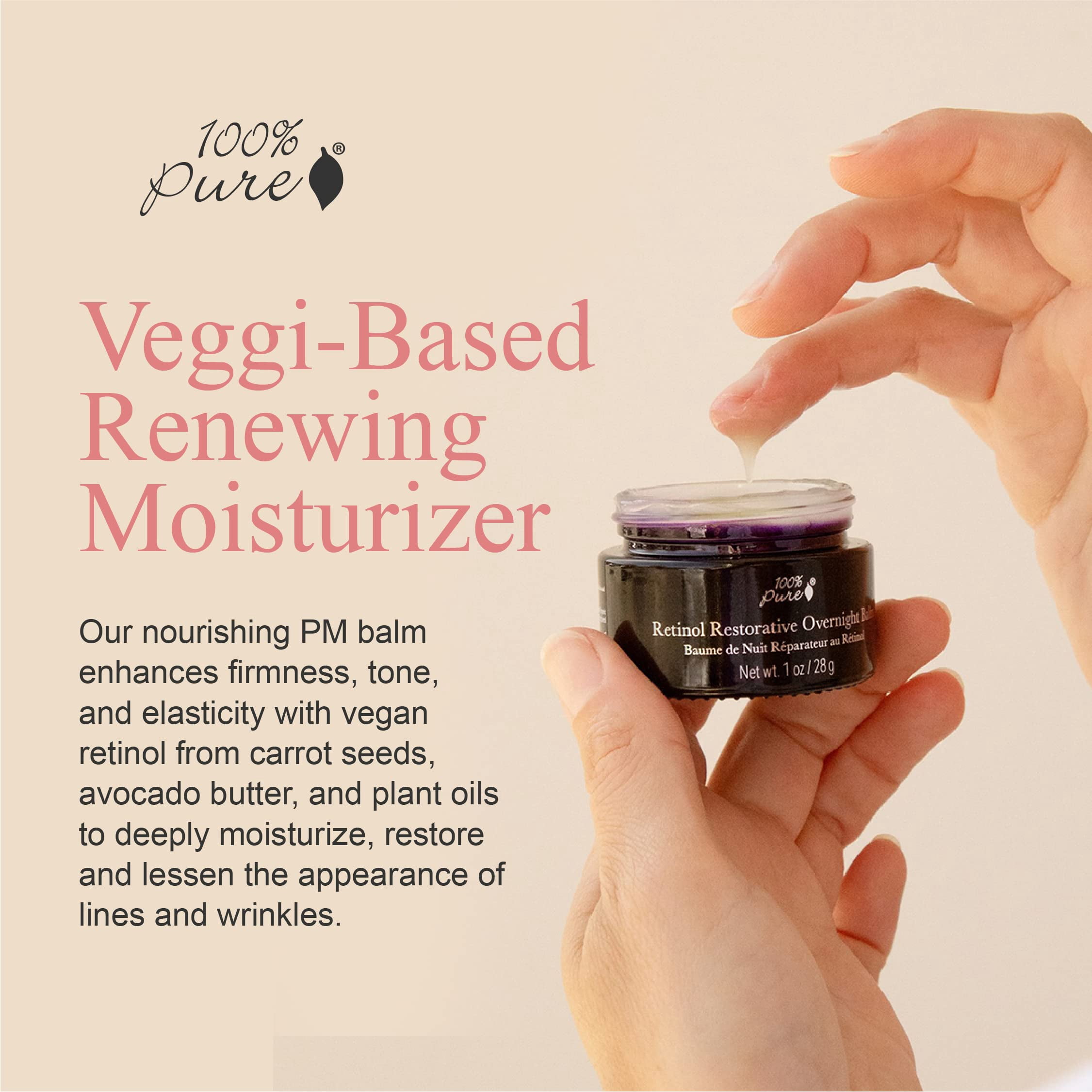 100% PURE Retinol Restorative Balm Potent Anti-Aging Facial Night Cream - Quench Thirsty Dry Skin Overnight Moisturizing Face Hydration & Skincare for Baby Soft, Even Skin Tone - Vegan - 1 oz