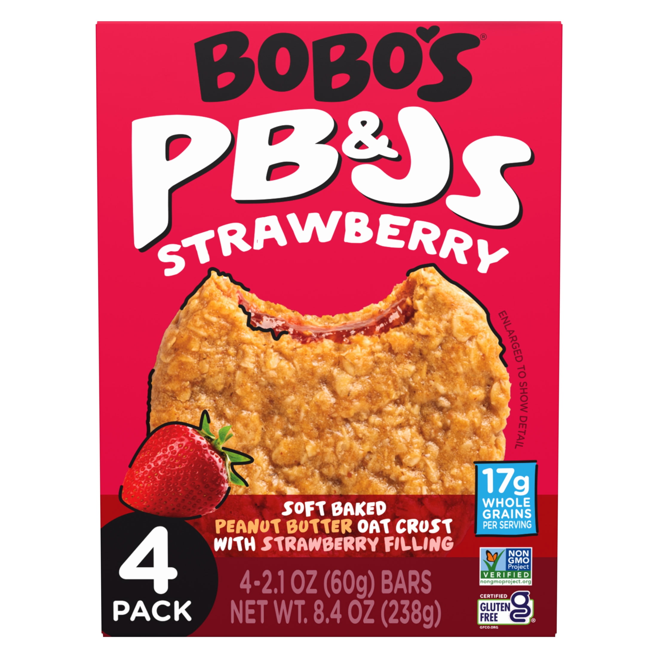 (3 pack) Bobo's PB&Js, Peanut Butter Oat Crust With Strawberry Filling, 4 Pack of 2.1oz oat snacks