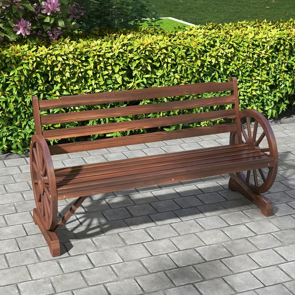 Kinbor 55" Outdoor Wagon Wheel Bench, Wooden Garden Bench with Slatted Design, 2-Person Seat Outdoor Benc, Rustic Brown