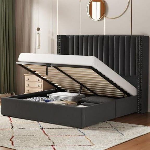 VanAcc Lift up Storage Bed Frame Queen Size, Upholstered Platform Bed Velvet with Channel Tufted Wingback Headboard, No Box Spring Needed, Gray
