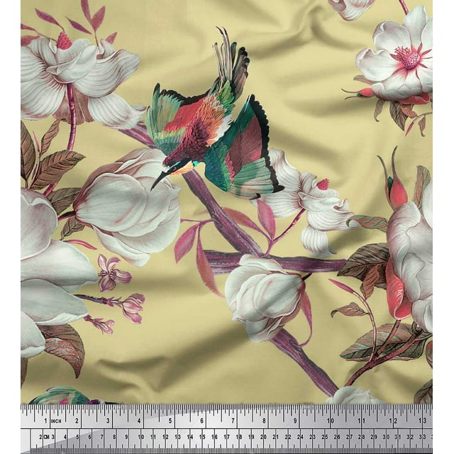 Soimoi Beige Velvet Fabric Floral & Bird Print Sewing Fabric Yard 60 Inch Wide
