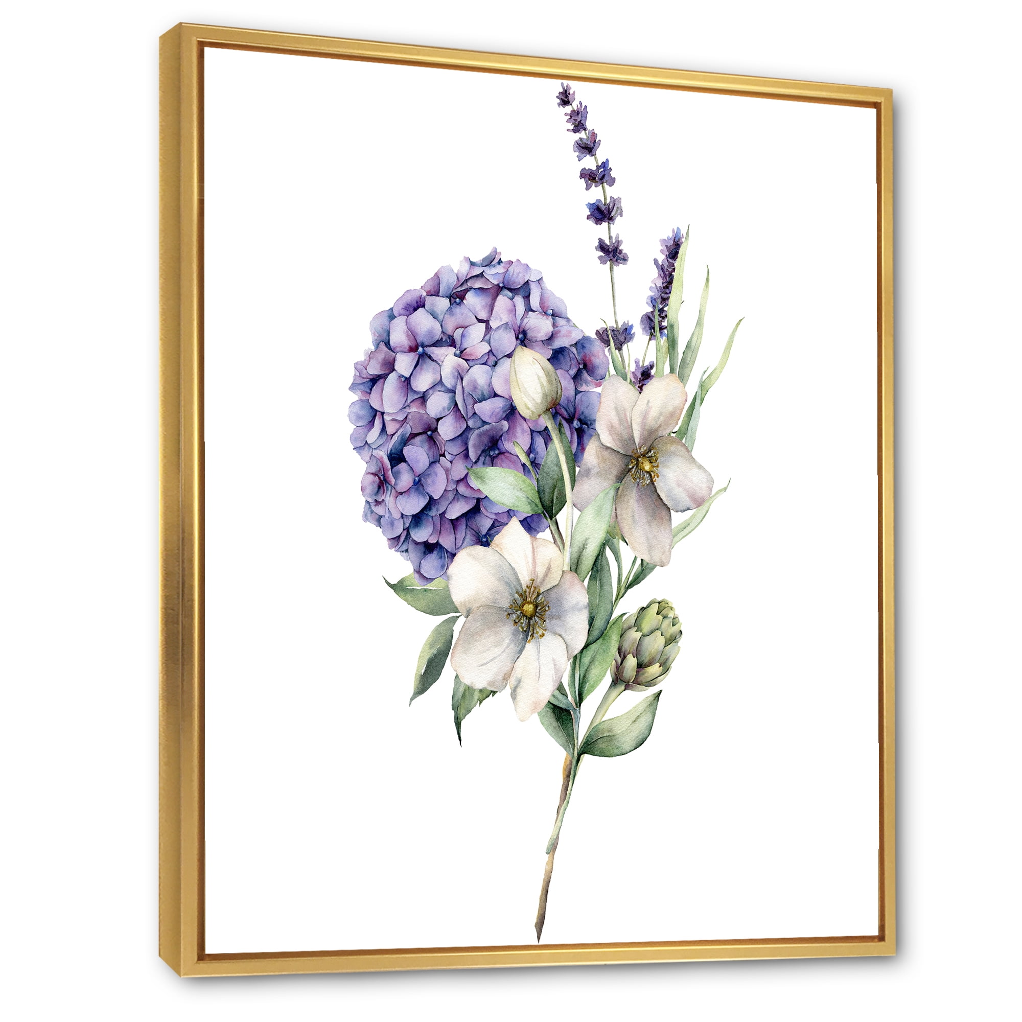 Designart 'Bouquet Of Lavender Anemone Artichoke & Hydrangea ' Traditional Framed Canvas Wall Art Print