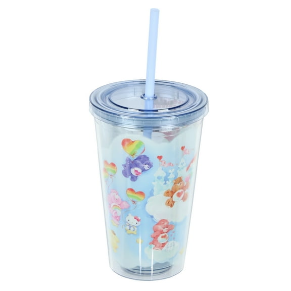 Hello Kitty and Friends x Care Bears Allover Cloud Character Design Reusable Tumbler 16 oz Acrylic Travel Cup with Lid and Straw