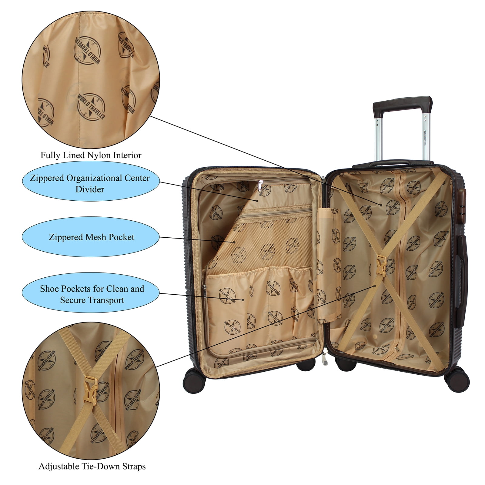 World Traveler Highways 2-Piece Hardside Carry-on Spinner Luggage Set - Brown