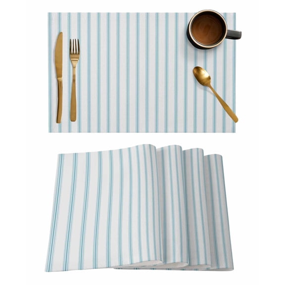 Blue Striped Placemats Set of 6, Blue White Stripes Farmhouse Placemats for Dining Table, Place Mats for Kitchen Tabletop, Waterproof Wipeable Dining Table Mats Set