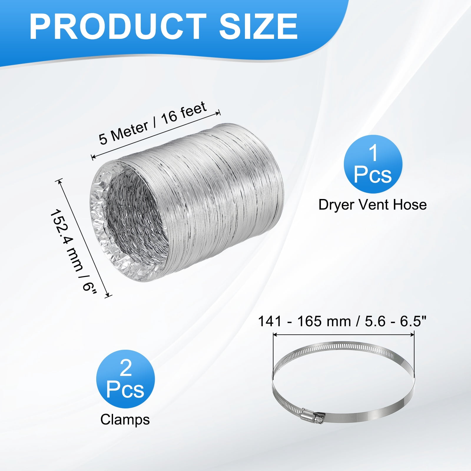 Uxcell 16Ft Dryer Vent Hose 6" Dia. Flexible Aluminum Ducting 2 Clamps Included, Silver