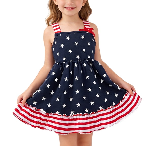 Girls Independence Day Dress Square Neck Bow Shoulder A-Line Flowy 4th of July Outfit for 6-7 Years, Blue Stars