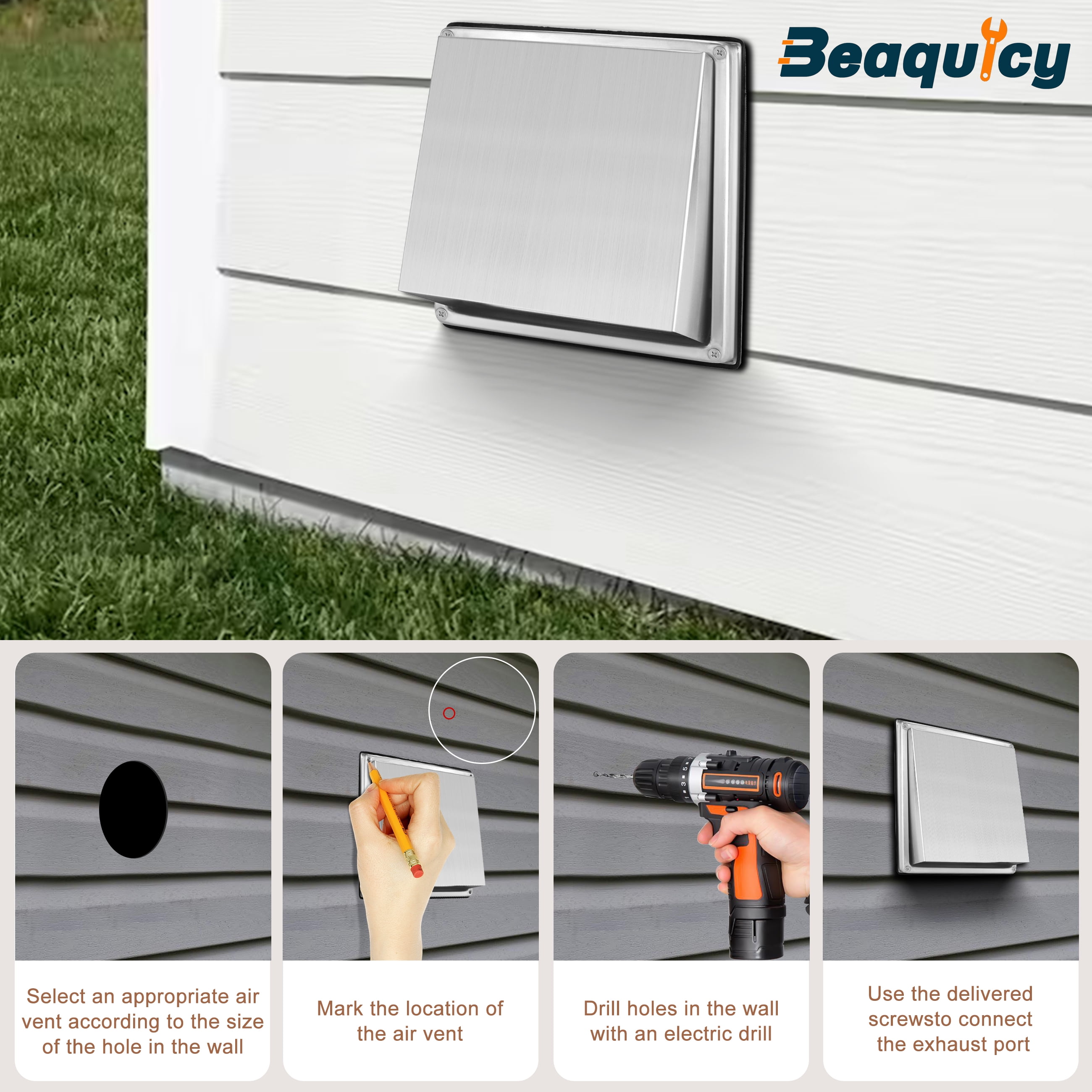 Beaquicy 4 Inch Square Stainless Steel External Vent Cover with Screws for Wall Ventilation