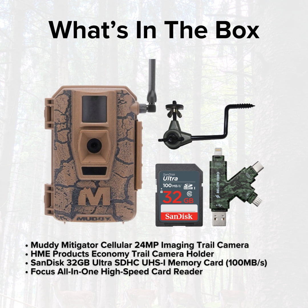 Muddy Mitigator Cellular 24MP Imaging Trail Camera Bundle with Trail Camera Holder, SDHC UHS-I Memory Card, and High Speed Card Reader (4 Items)