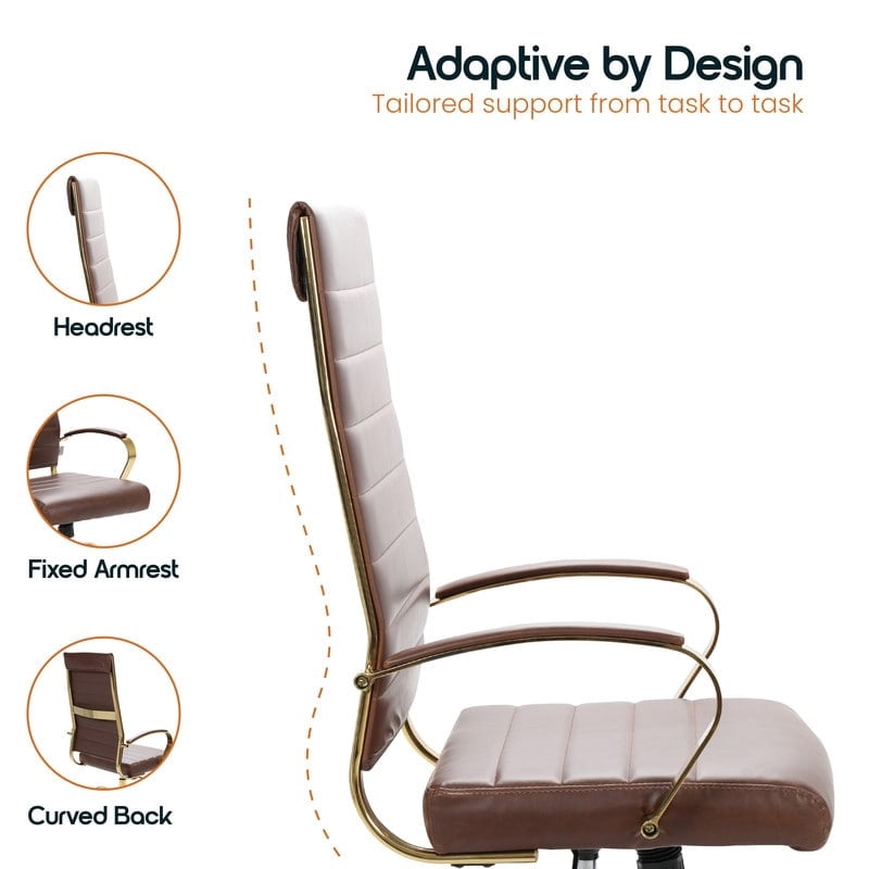 Benmar High-Back Dark Brown Leather Office Desk Chair Ergonomic Executive Chair with Adjustable Swivel, Gold Frame with Cushion Support & Silent Wheels for Home Office Workstations