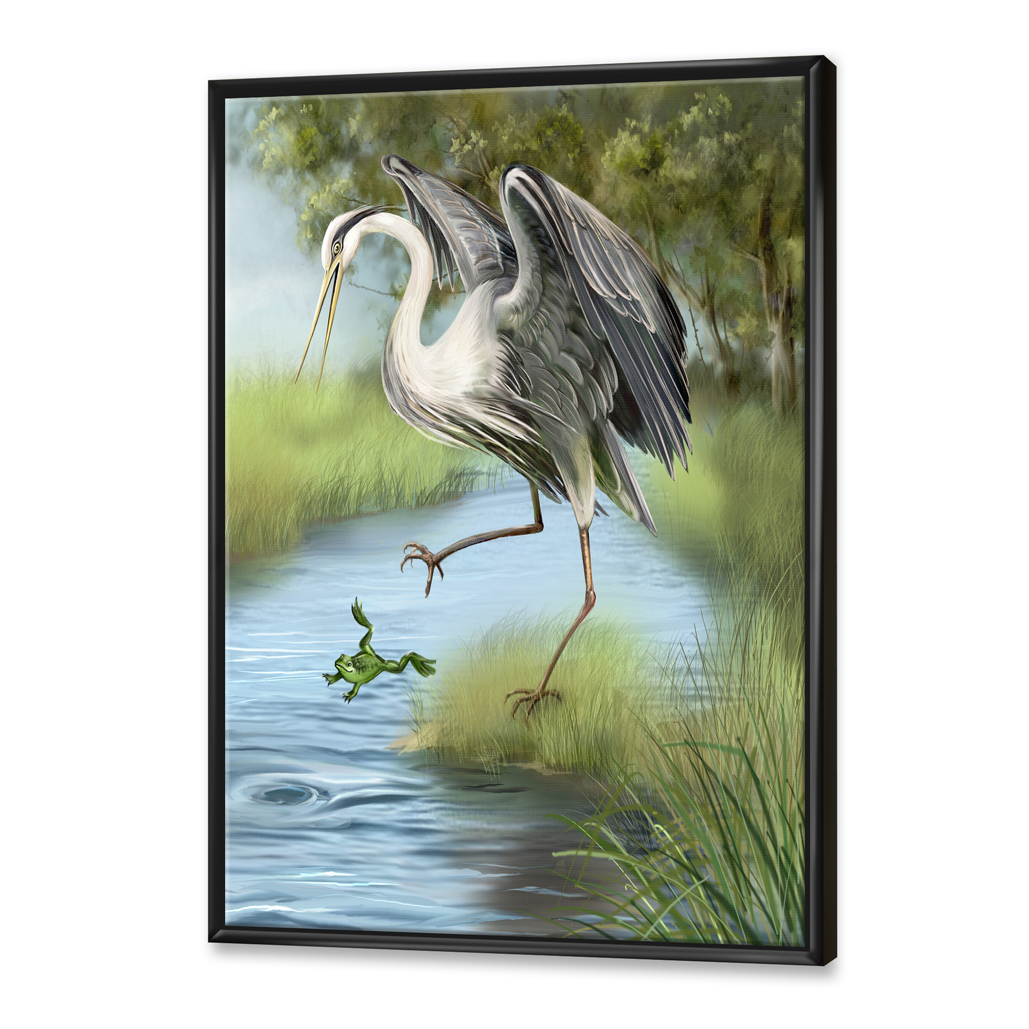 Crane Hunting A Frog 16 in x 32 in Framed Painting Canvas Art Print, by Designart