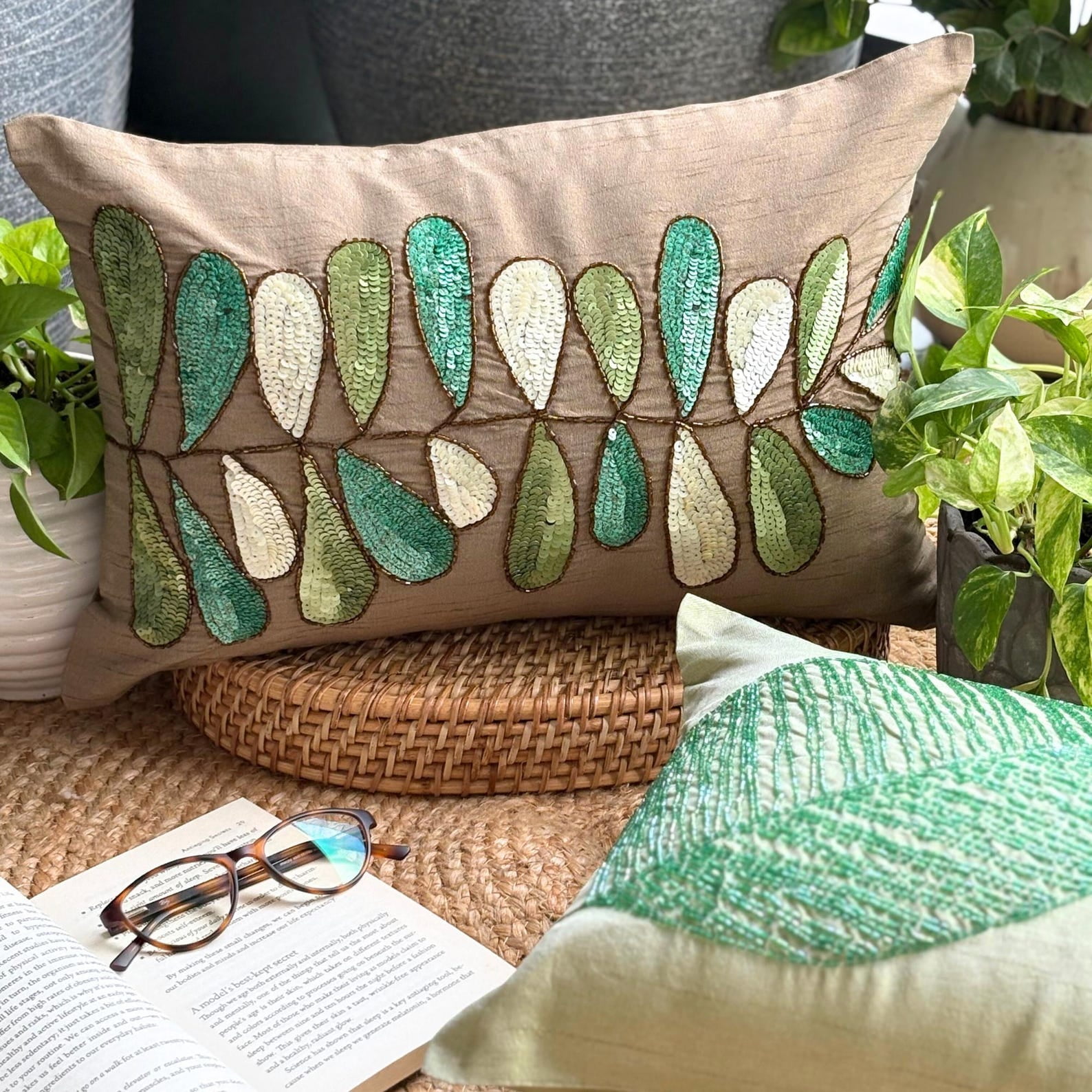 Brown Lumbar Pillow Cover, 12x26 inch (30x65 cm) Lumbar Pillow Cover, Sequins Leaves Lumbar Pillow Cover, Silk Lumbar Pillow Cover, Floral Art Deco Lumbar - Days Of Leaves