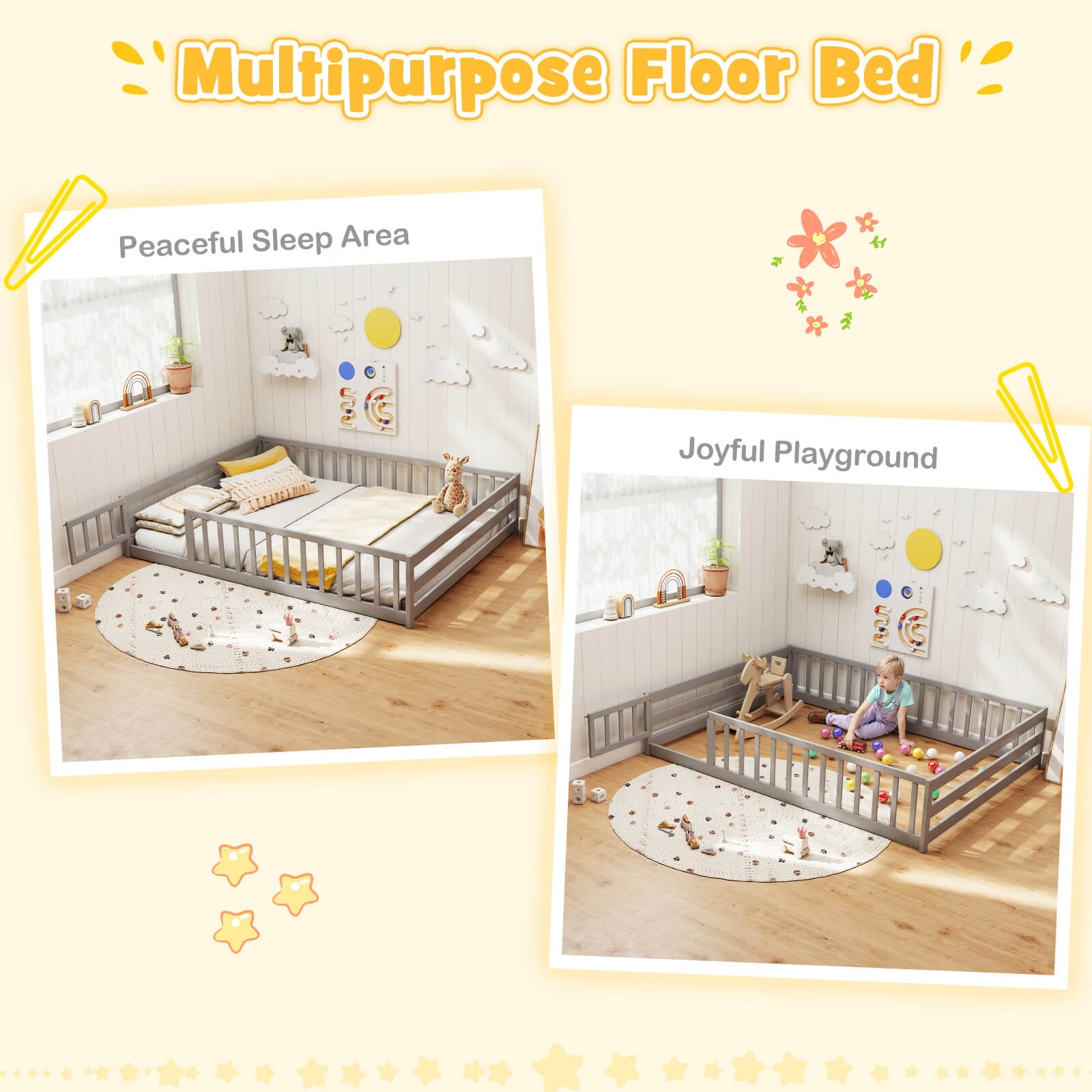 Costway Full Size Floor Bed with Full Length Safety Guardrails & Door for Boys, Girls Gray