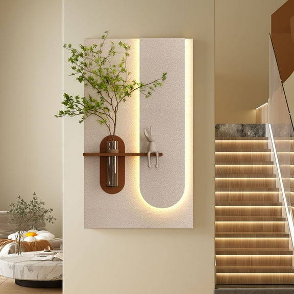 S-HOME Adjustable 3-Color LED Sandstone Wall Sculpture with Simulated Green Plants and Rabbit Statue for Bedrooms