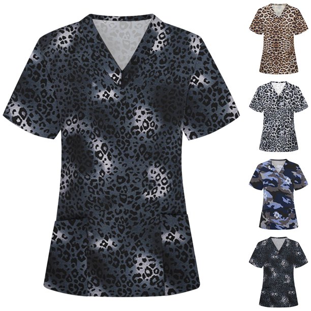 Fiudx Liquidación de Ofertas Flash Blusa de Manga Corta con Cuello En V para Mujer, Uniforme de Trabajo, Impresión de Bolsillo