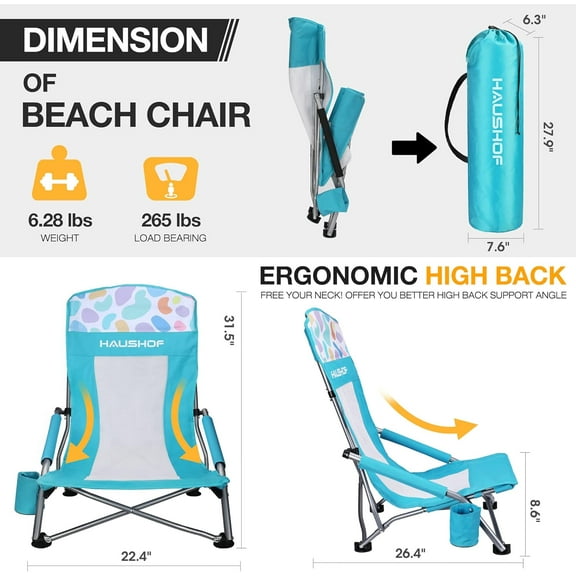 High Back Beach Chair with Mesh Back, Lightweight Folding Camping Chair with Cup Holder and Carry Bag for Outdoor Lawn Picnic