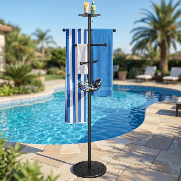Luxspire Pool Towel Rack Outdoor, Removable Outdoor Pool Towel Rack 88 LBS, 160 CM Lightweight Outdoor Towel Rack with Built-in Tray and Hooks Storage for Pool, Beach, Hot Tub, Backyards, Black