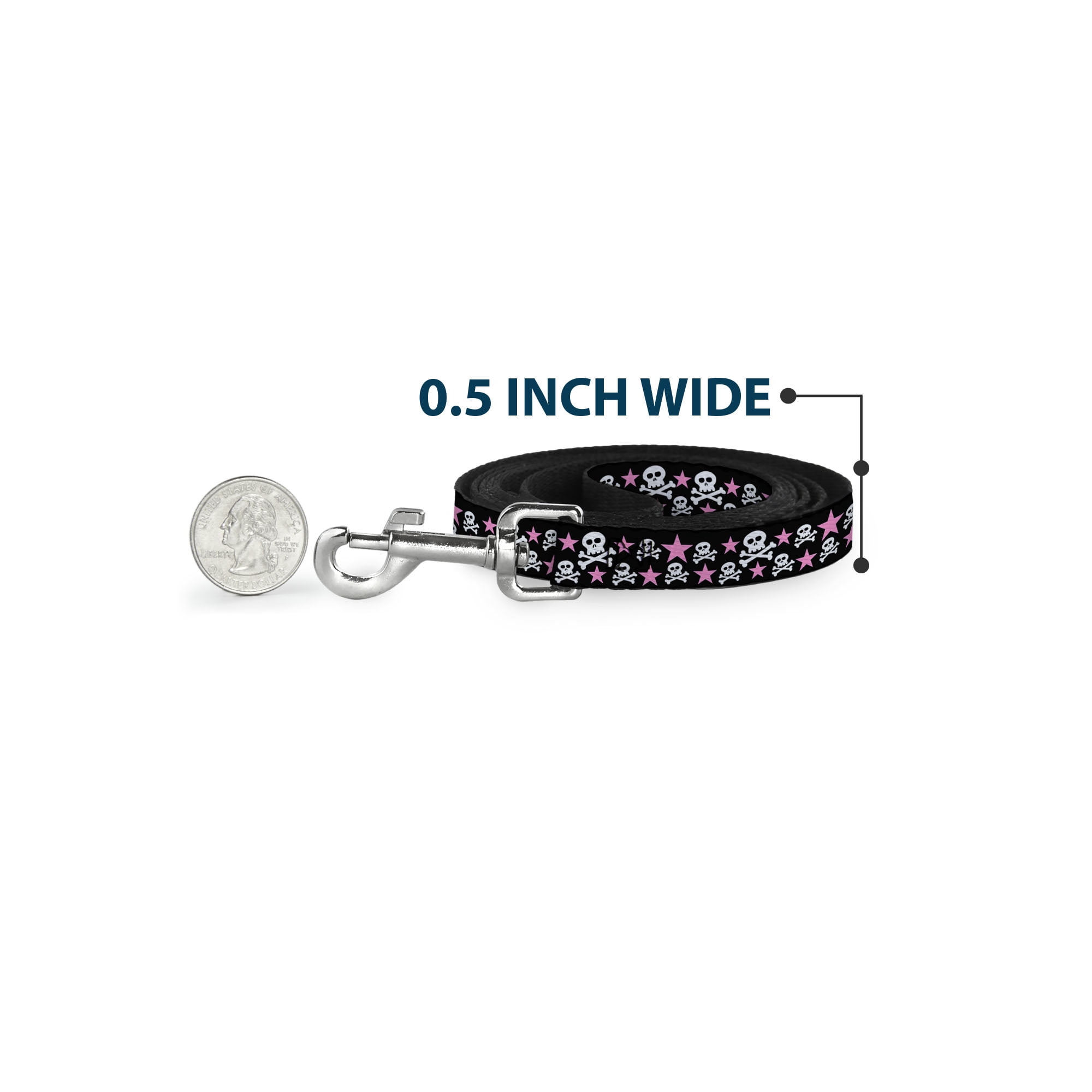 Buckle-Down Pet Leash, Dog Leash, Skulls Stars Black White Pink, 6 Feet Long 1.0 Inch Wide