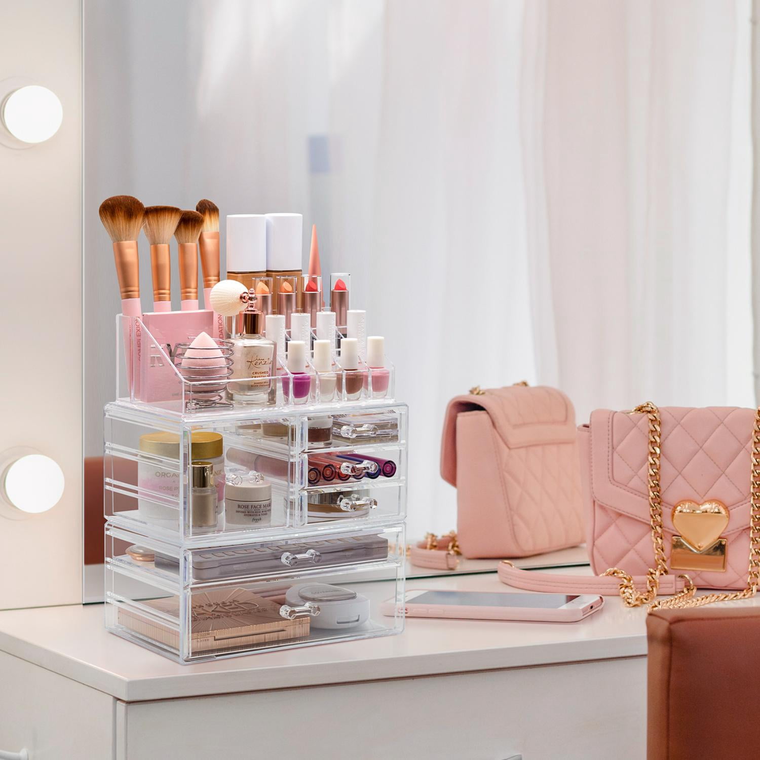 Sorbus Large Clear Makeup Organizer with 6 Drawers & 16 Slots, 3-Piece Detachable Storage
