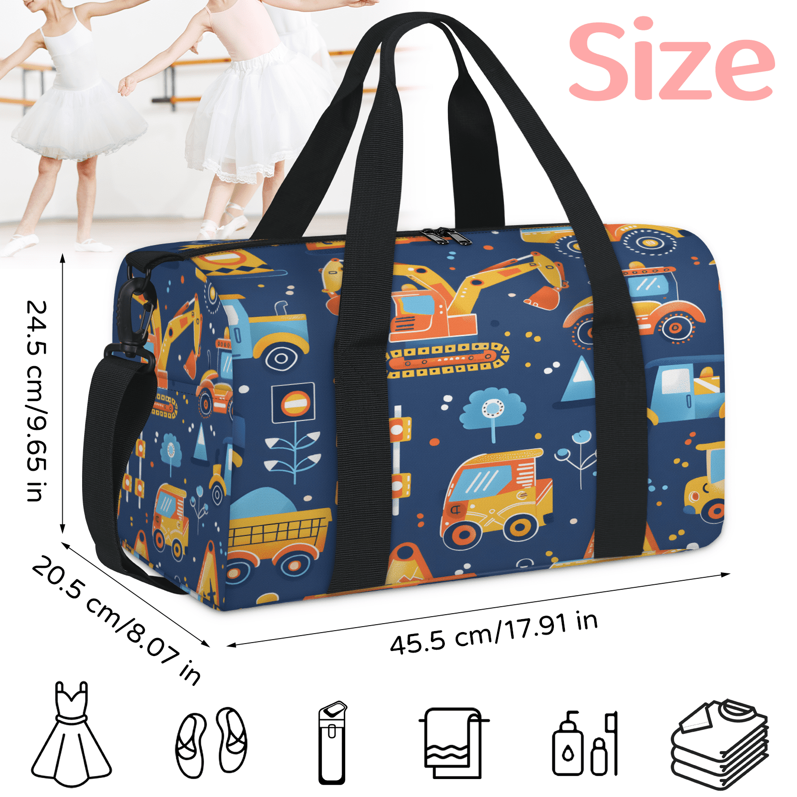 Herdesigns Construction Truck Gym Bag for Women, Duffle Bag for Travel Sport, Tractor Vehicle Lightweight Waterproof Carry on Weekender Dance Yoga Workout Bags