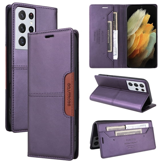 For Samsung Galaxy S21 Ultra Flip Wallet Case,[RFID Blocking]PU Leather Magnetic Folio Cover,With Card Slots,Flip Folding Kickstand,Shockproof TPU Anti-fall Rugged Phone Case Cover,Purple