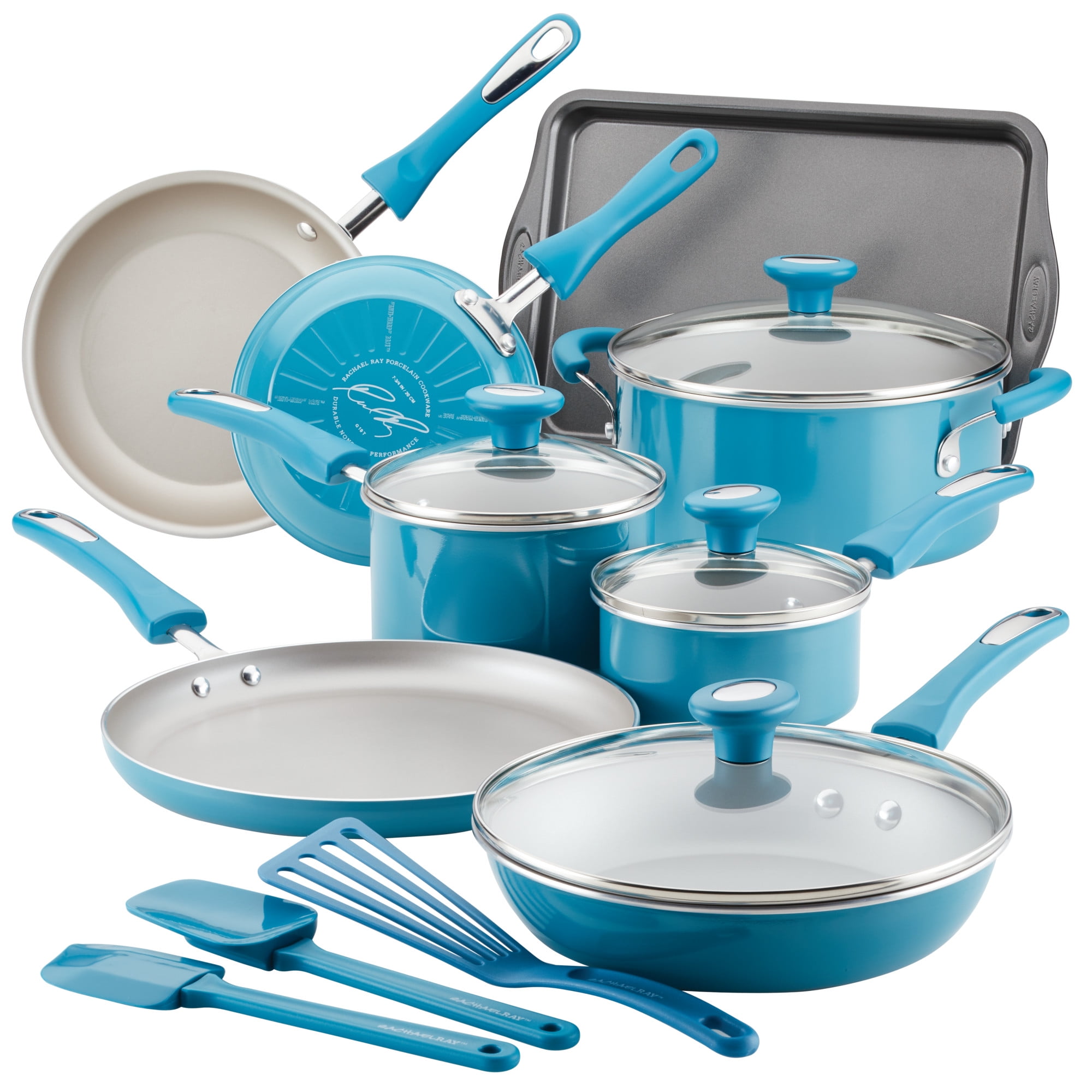 Rachel Ray Cucina Cookware Pots Pans Nonstick 12 Piece Gray Blue Handles Kitchen 