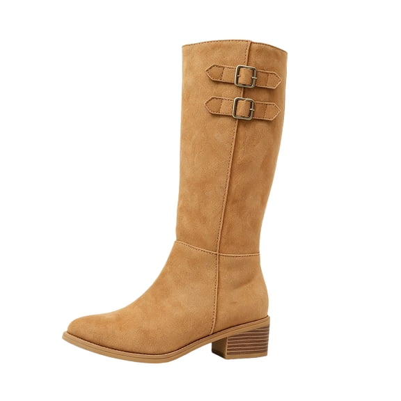 Double Buckle Knee High Boots for Women Pull On Tall Booties Round Toe Low Heel Faux Suede Snow Boots Fall Winter Womens Shoes Casual Outfits
