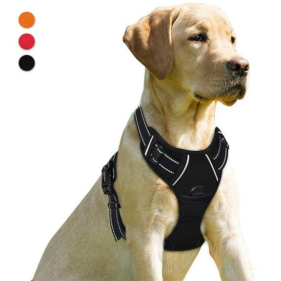 Dog Harness No Pull, Walking Pet Harness with 2 Metal Rings and Handle Adjustable Reflective Breathable Oxford Soft Vest Easy Control Front Clip - Black, L