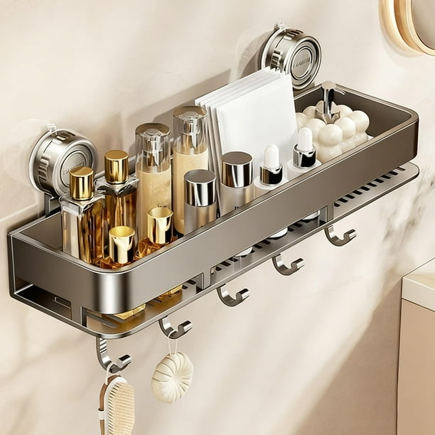 Estante de pared con ventosa sin taladro, organizador de baño rectangular multifuncional extraíble con ganchos
