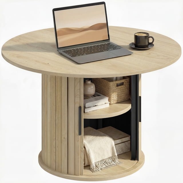 HOMCOM Table Basse Ronde, Table Centrale de 31,5 Pouces avec Rangement, Bois Naturel
