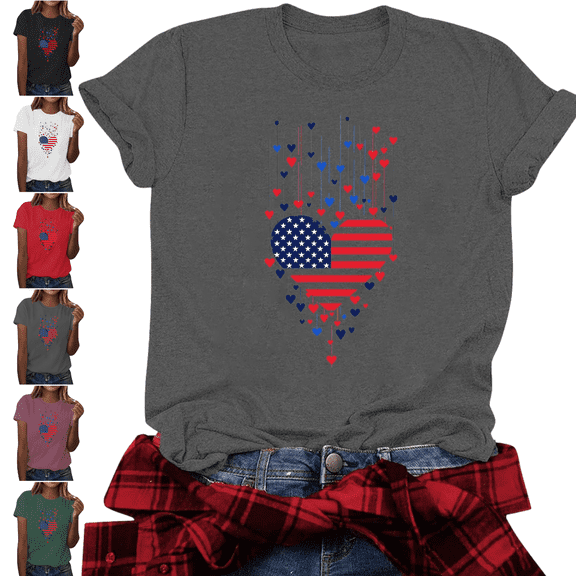 Mifsaly Womens American Flag Shirt Patriotic Heart Graphic Cotton T-Shirts Summer Casual Crewneck Short Sleeve Independence Day Tees XXL