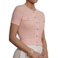 thumbnail image 3 of Women's Casual Summer Short Sleeve Cardigan Button Down Knitted Sweater Basic Crew Neck Crop Tops Pink L, 3 of 7