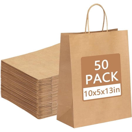 50Pcs Paper Gift Bags 10x5x13 Inches Brown Kraft Paper Bags with Handles Bulk, Shopping Bags, Retail Bags for Small Business, Birthday Wedding Party Favor Bags, Merchandise Bags