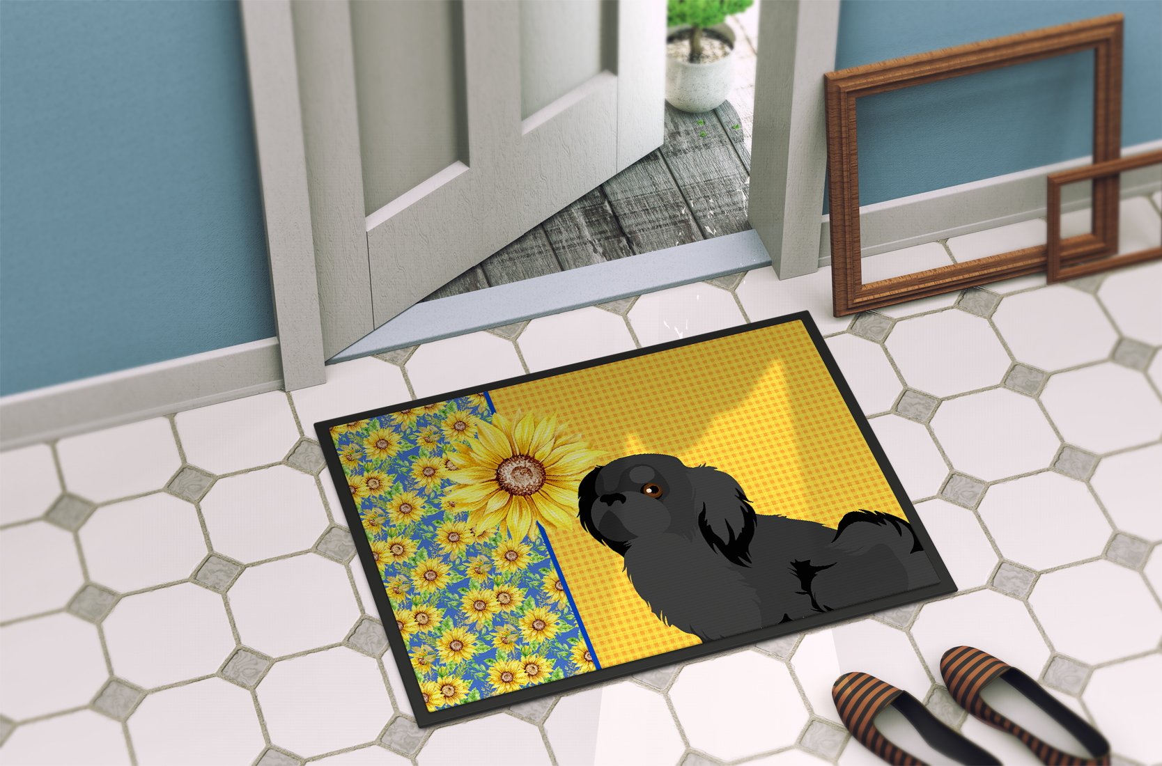 Carolines Treasures WDK5452JMAT 24 x 36 in. Summer Sunflowers Black Pekingese Indoor or Outdoor Mat