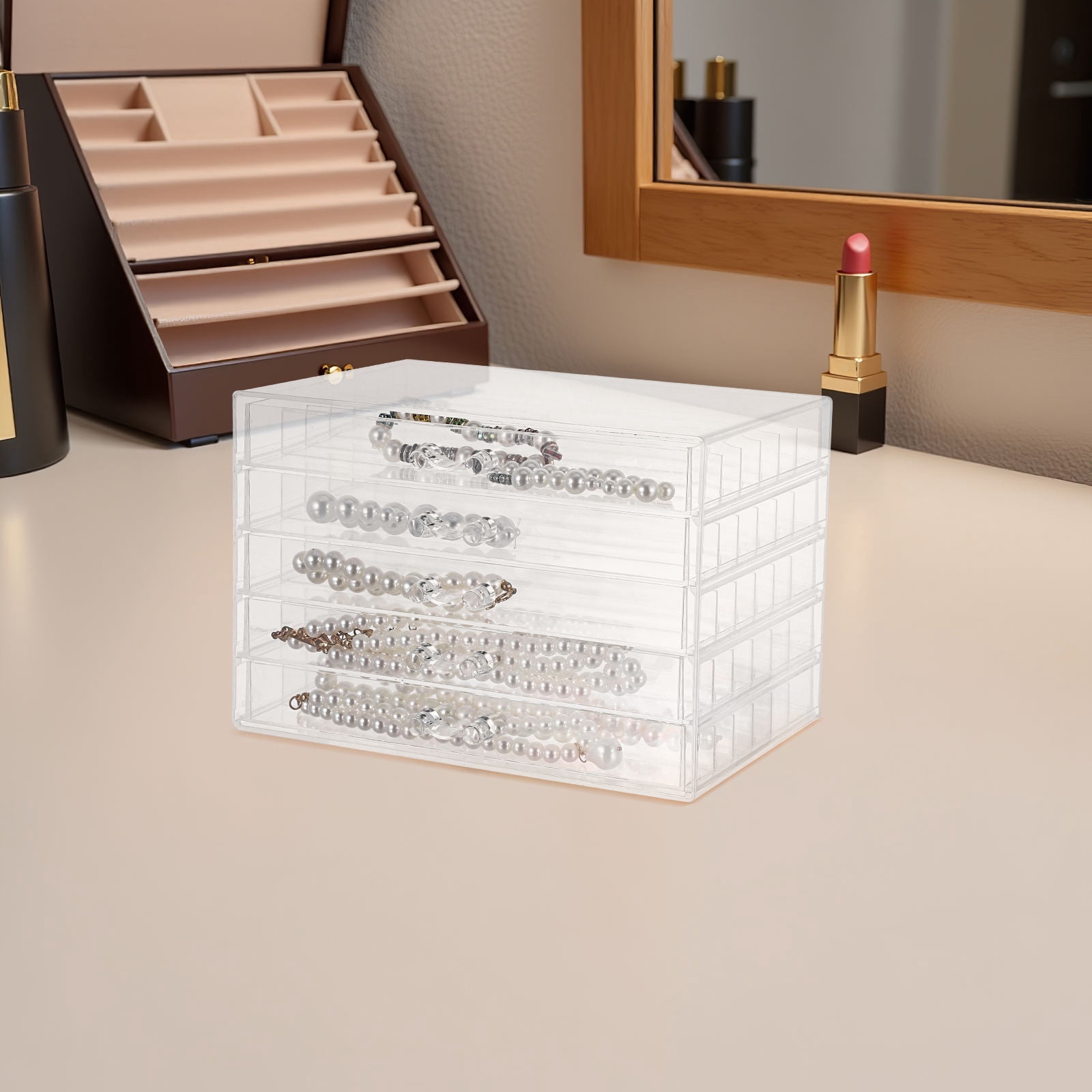 OFFIGAM Clear Plastic Jewelry Organizer for Women with 5 Layer Drawers and Multiple Independent Storage Compartments